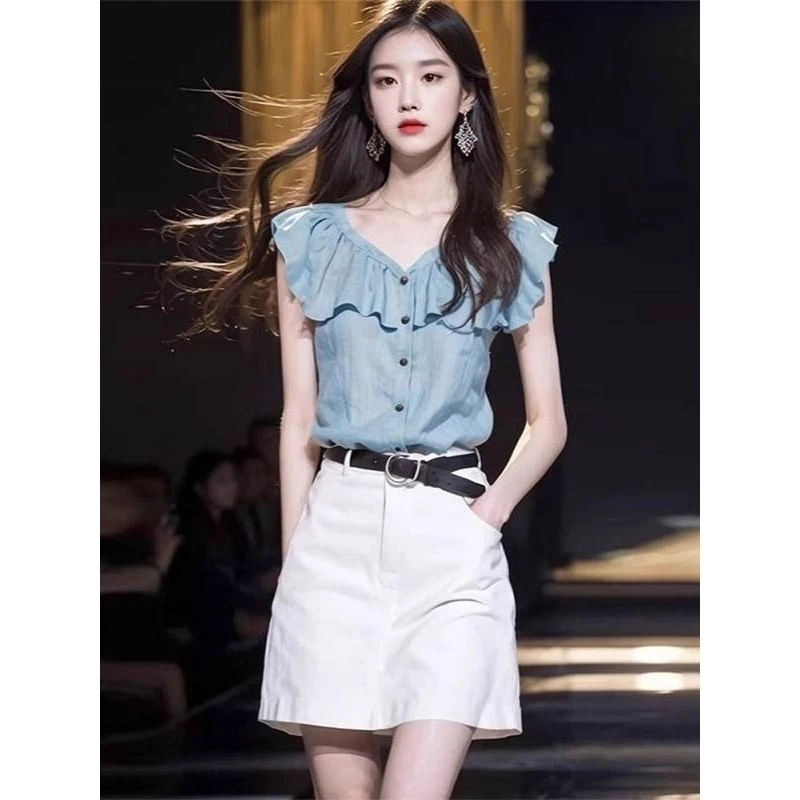 哥弟阿玛施正2025夏季新款法式小个子中性风韩系风时尚荷花边衬衫