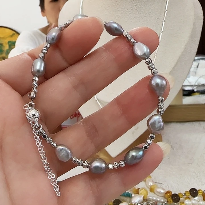 听***海颈饰未镶嵌淡水珍珠灰色炫彩珠手链款式有文