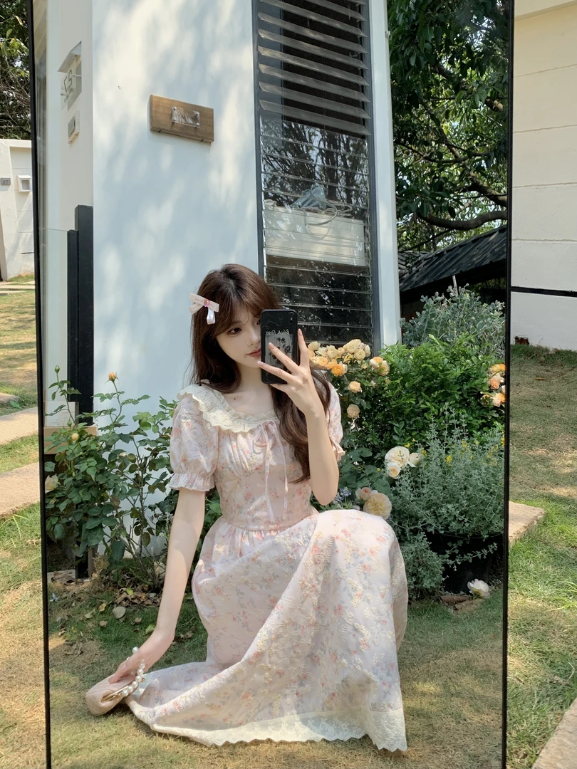 【运费补贴】夏季SWEET少女早茶微胖纯欲泡泡袖甜美收腰显瘦连衣裙