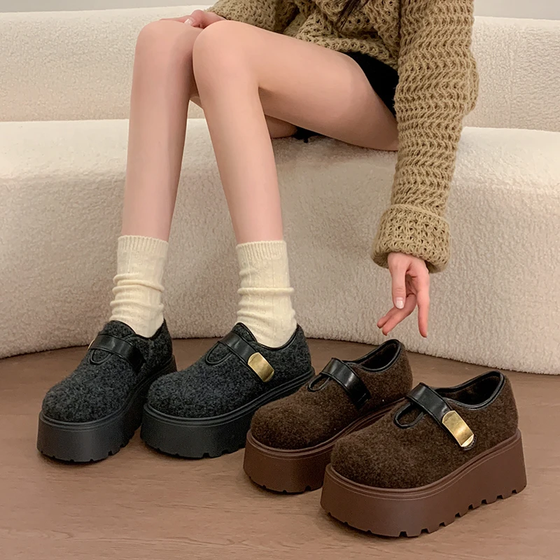 8cm增高厚底毛呢勃肯鞋女2025新款爆款冬季加绒棉鞋小个子乐福鞋