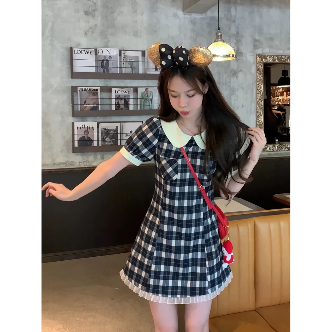 春夏2025新款娃娃领撞色格子短袖背心连衣裙收腰甜美花边短裙7087