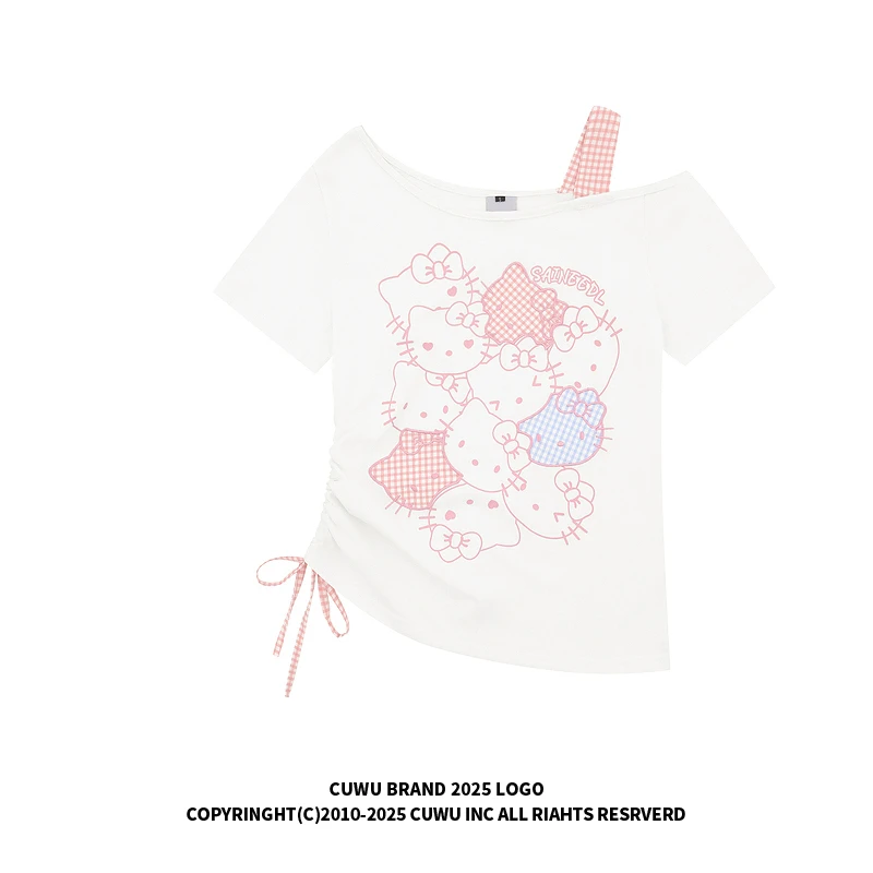 cuwu格纹kitty猫刺绣斜肩短袖T恤女夏季复古甜美宽松显瘦露肩上衣