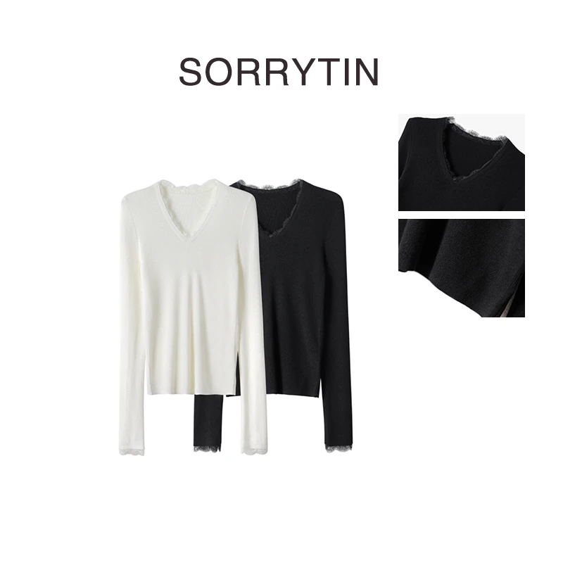 《一点点美》思家高品质 漂亮优雅迷人 睫毛蕾丝拼接羊毛V领针织衫