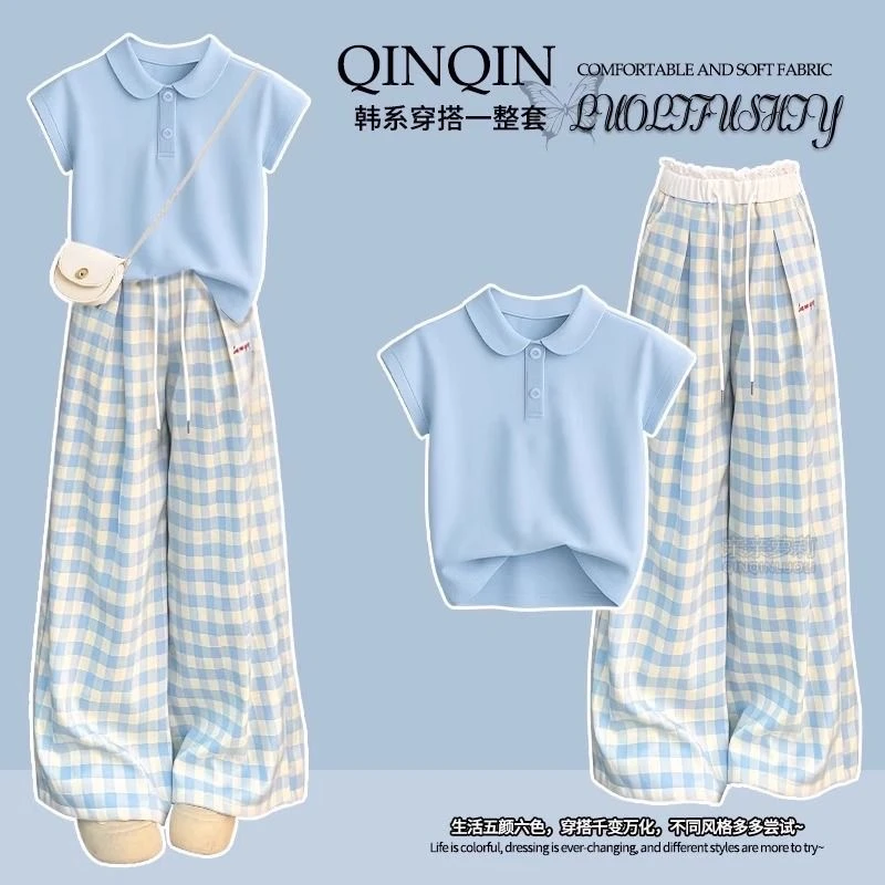 女童夏季阔腿裤套装2025Polo领T恤蓝色休闲两件套CSC2329