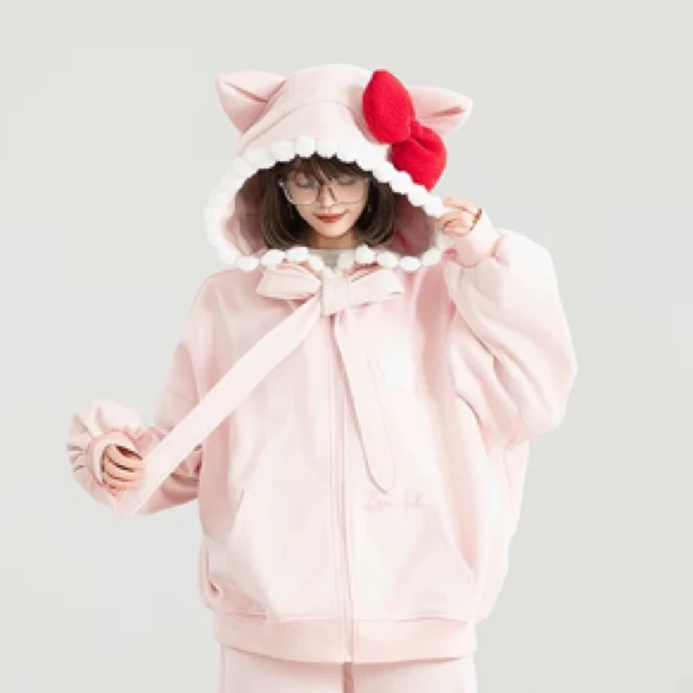 甜系卫衣秋季粉色卡通连帽外套