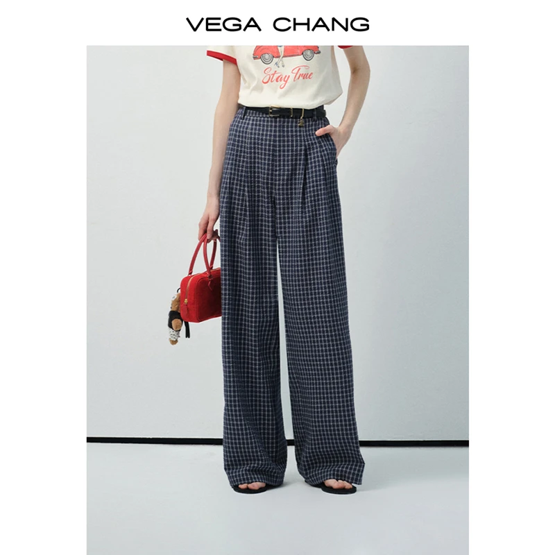 VEGA CHANG休闲裤女2025年新款夏季高腰格纹微皱垂感阔腿裤0738SQ