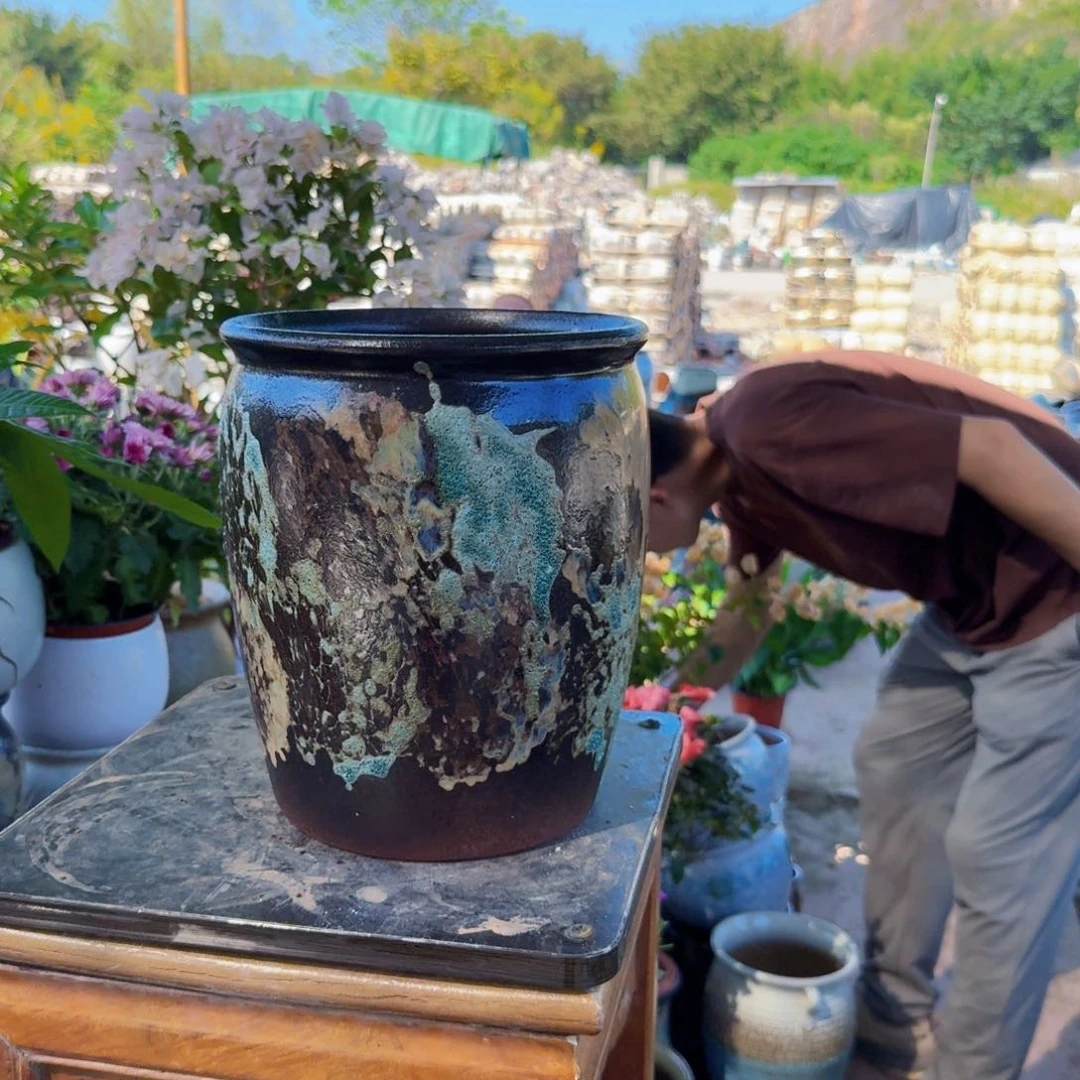 紫砂花盆口20高24（一个姹寂泼墨文林绿新款