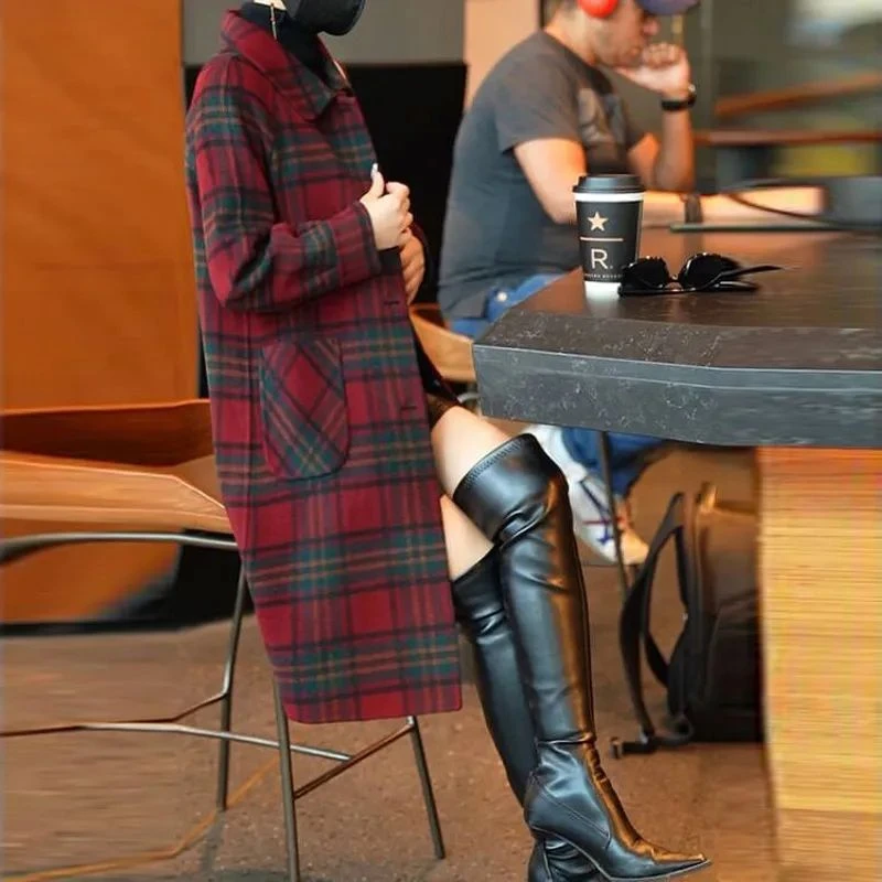 红色格子呢子大衣女2025秋冬新款韩版气质双面呢外套中老年妈妈款