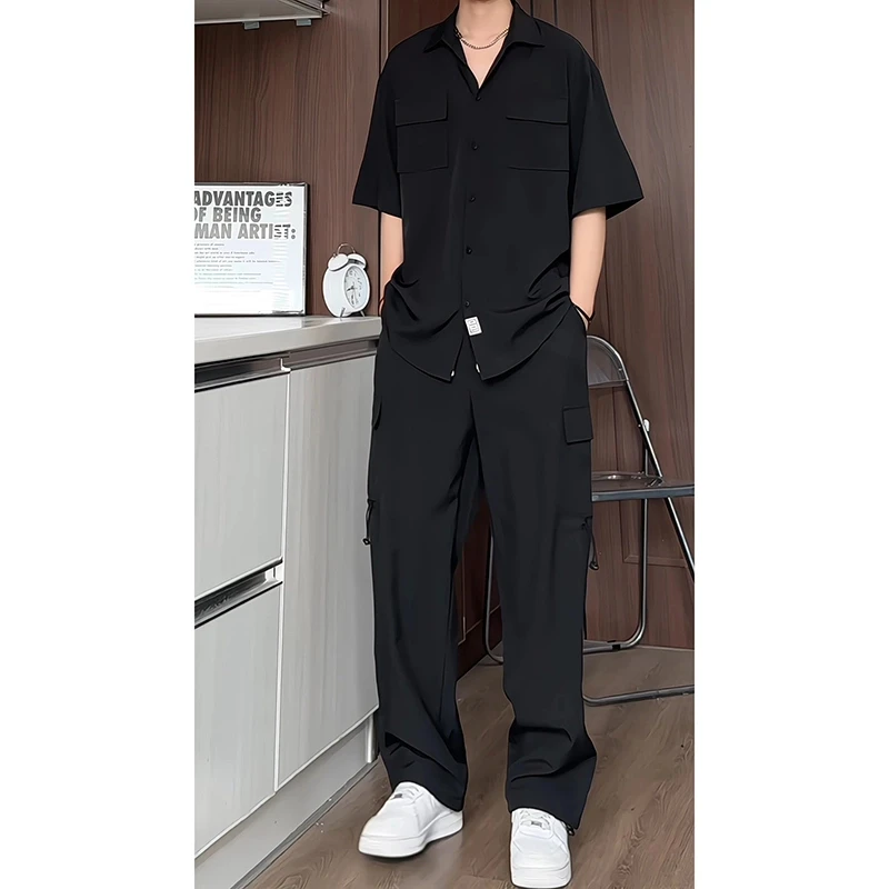 夏季冰丝短袖衬衫休闲裤套装男士宽松纯色两件套潮百搭衬衣长裤子