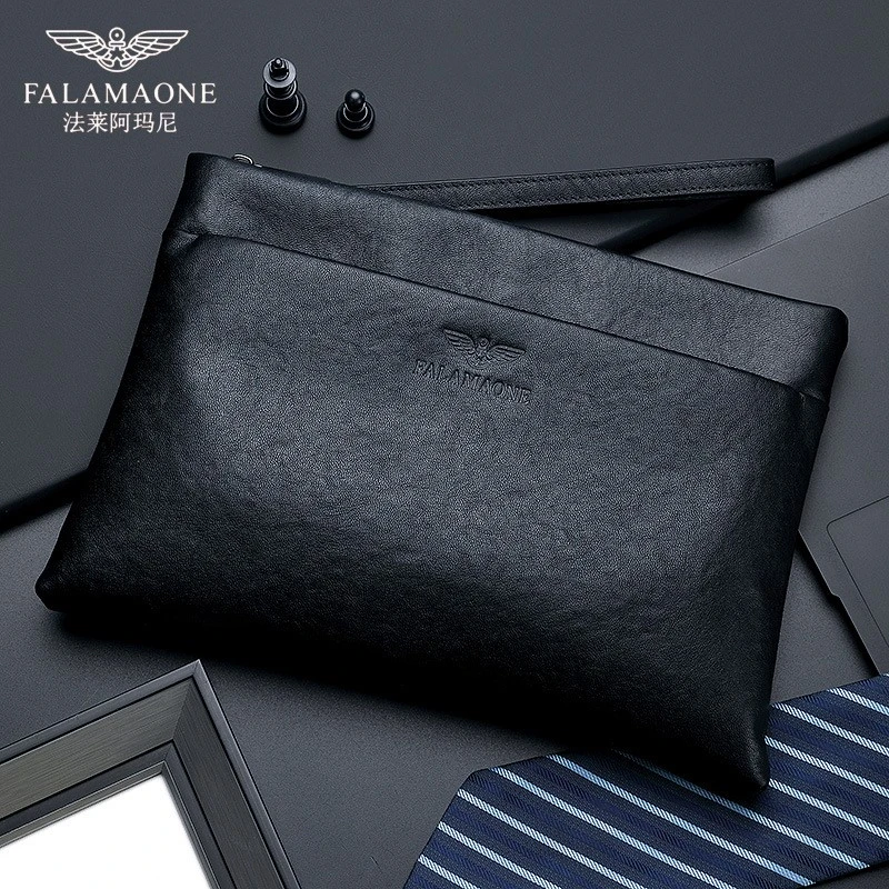法莱阿玛尼黑色手拿包男士真皮包休闲时尚百搭牛皮包包高档潮流