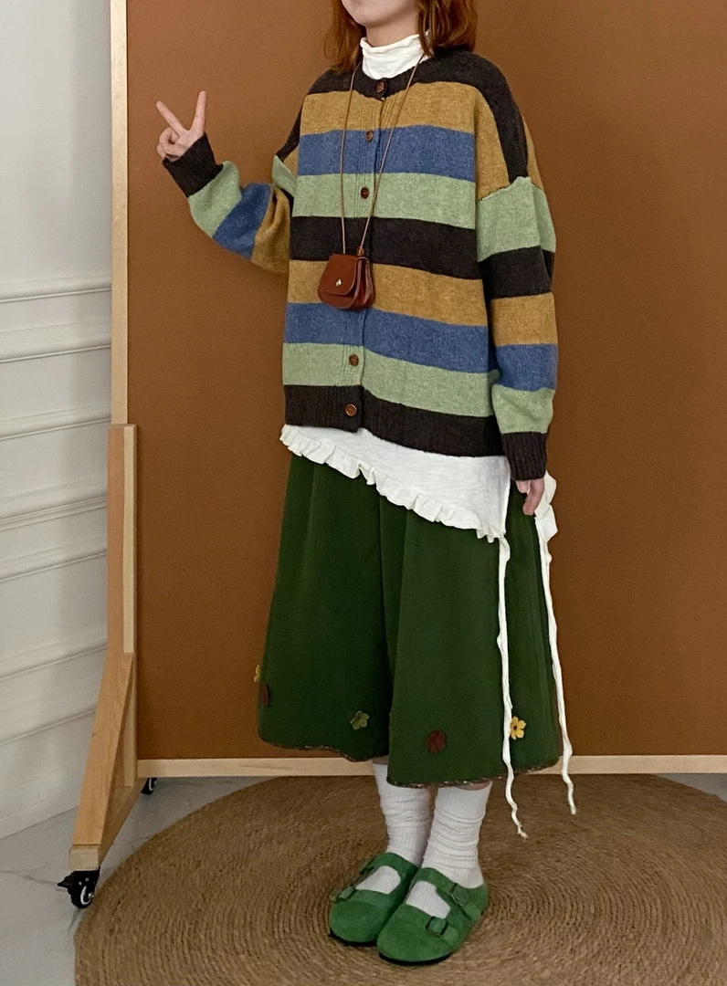 秋冬复古撞色针织开衫毛衣外套