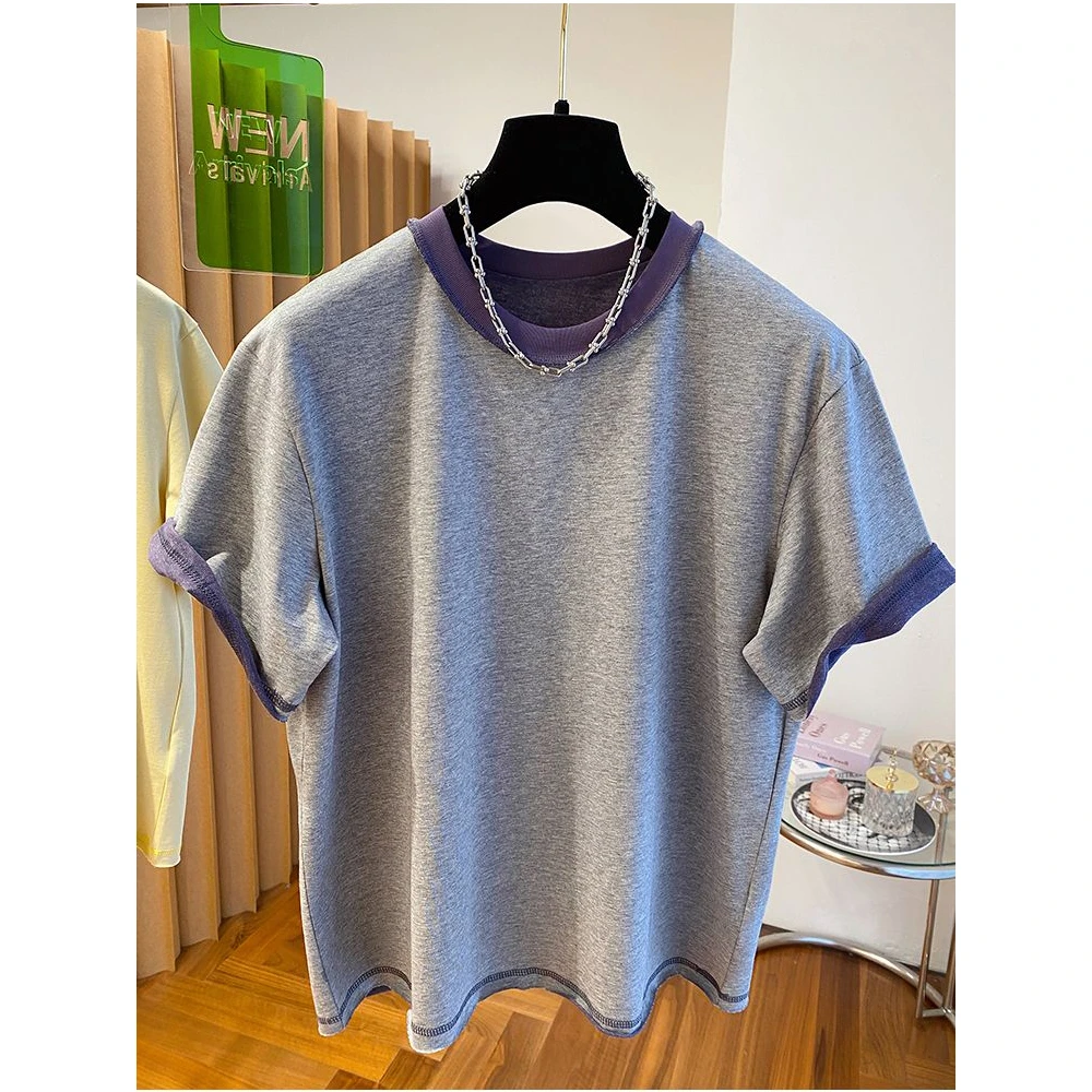胖mm正肩240斤大码今年流行撞色反穿设计感短袖t恤女夏季休闲上衣