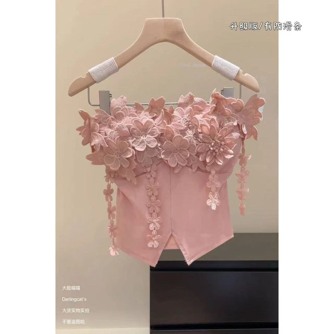 大脸喵 有防滑条 巴黎初雪 堆叠立体花朵性感抹胸上衣抹胸