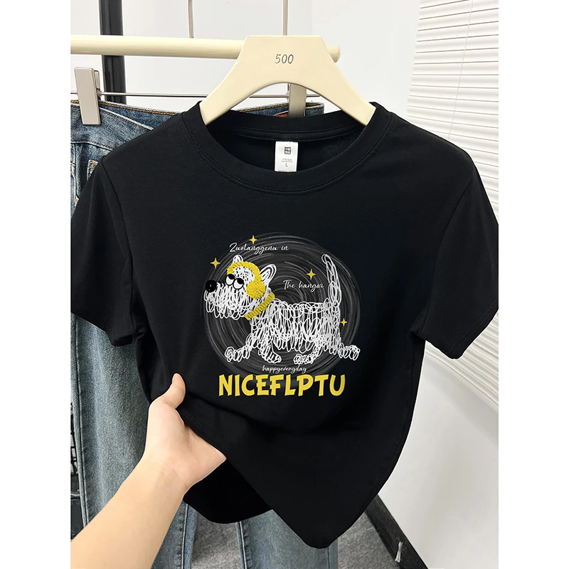 黑色小狗印花圆领显瘦正肩短袖t恤女夏季设计感小众百搭上衣ins潮