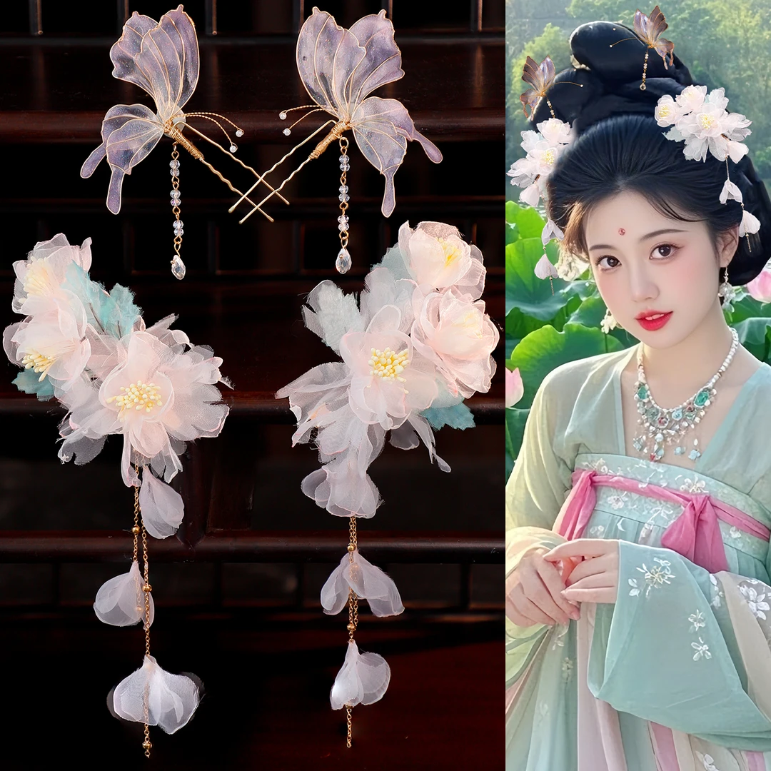 汉服头饰古风绢纱烫花发夹头花古唐风头饰步摇流苏发簪发钗发饰品