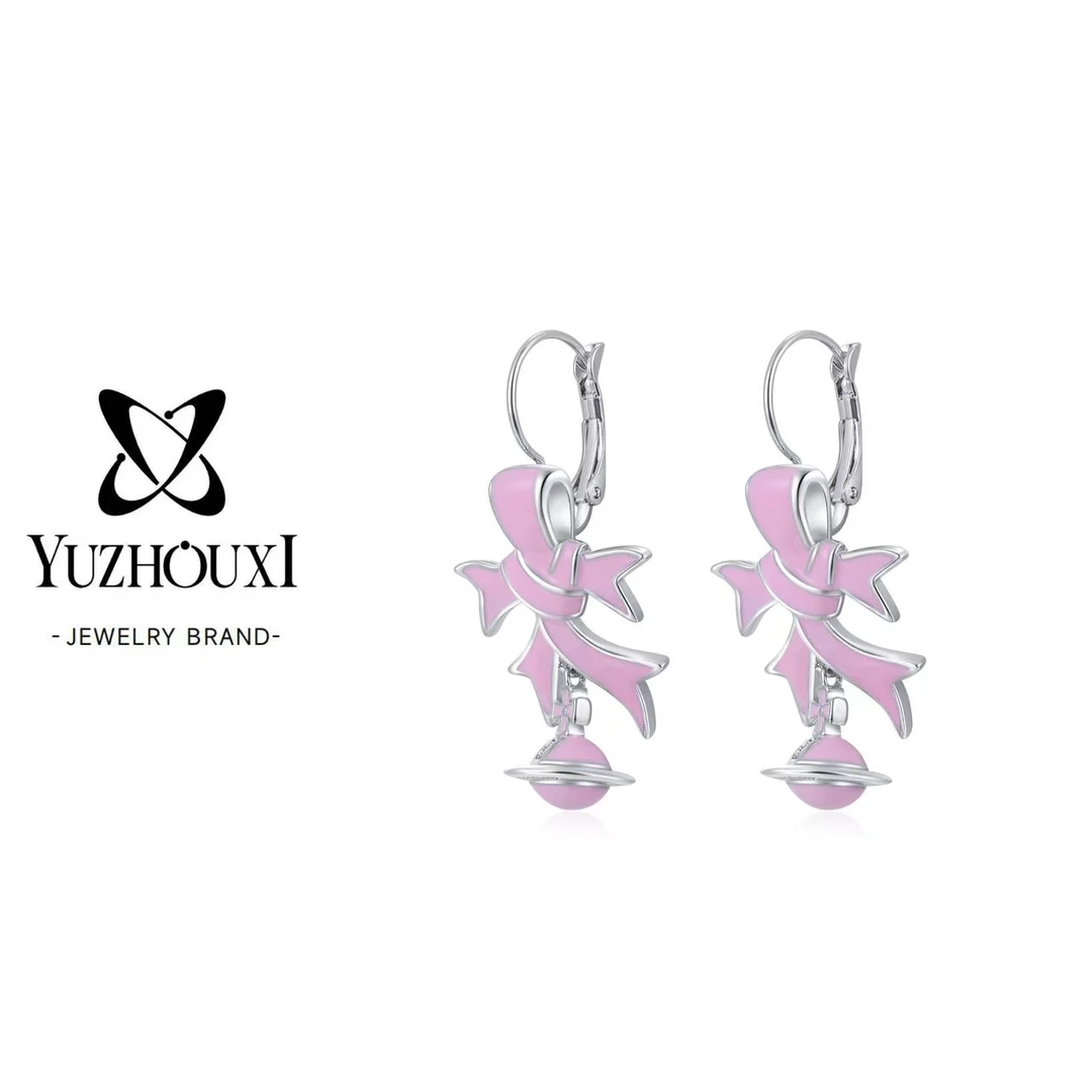 铜合金珐琅耳饰 C4-095【中古蝴蝶结坠星球orb耳扣】珐琅粉