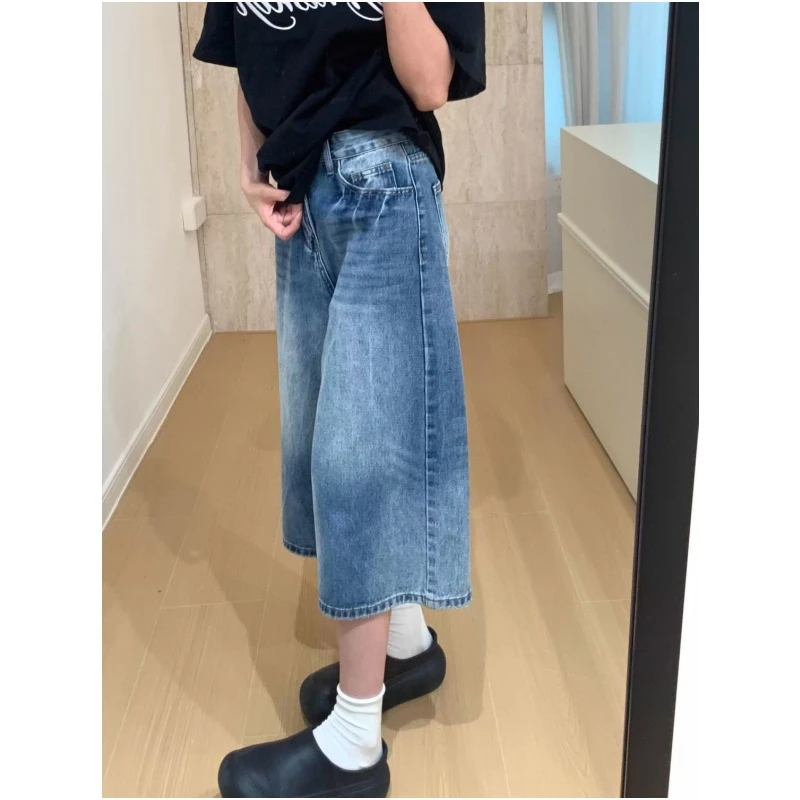 美式复古蓝色阔腿七分牛仔短裤女夏季新款高腰显瘦宽松直筒中裤子