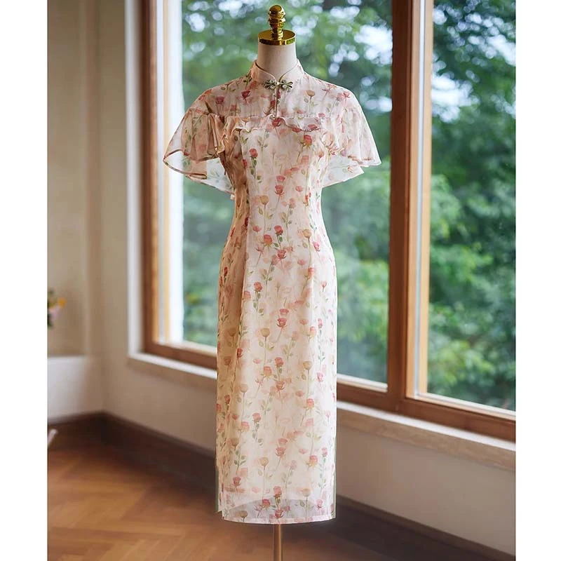 【有里布】新中式2025新款夏季少女气质绝美国风米黄色碎花裙D2498