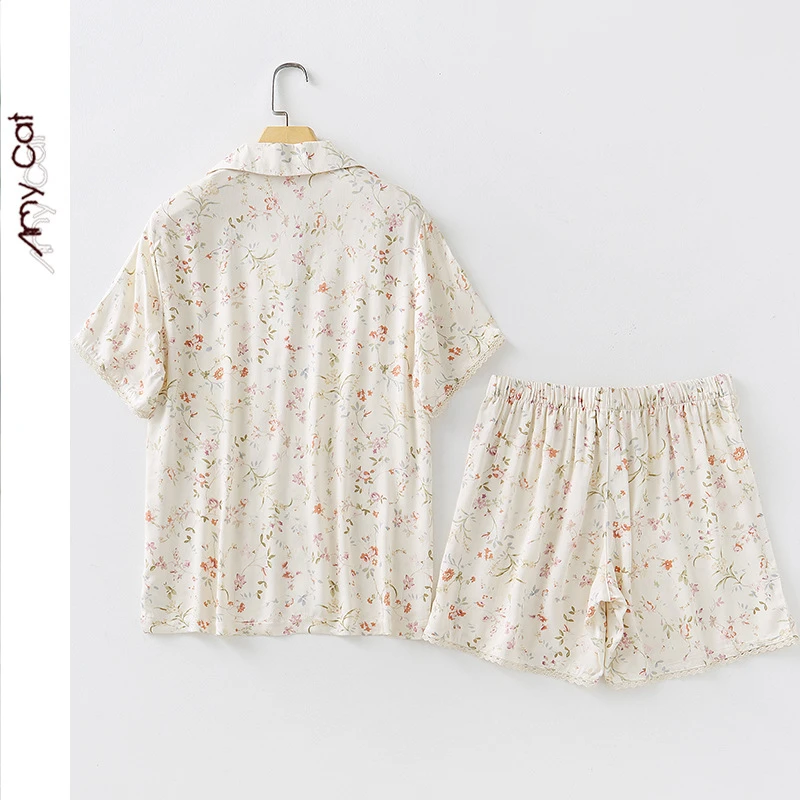 A人棉春季睡衣女贡缎小柳叶开衫短袖短裤套装休闲家居服T