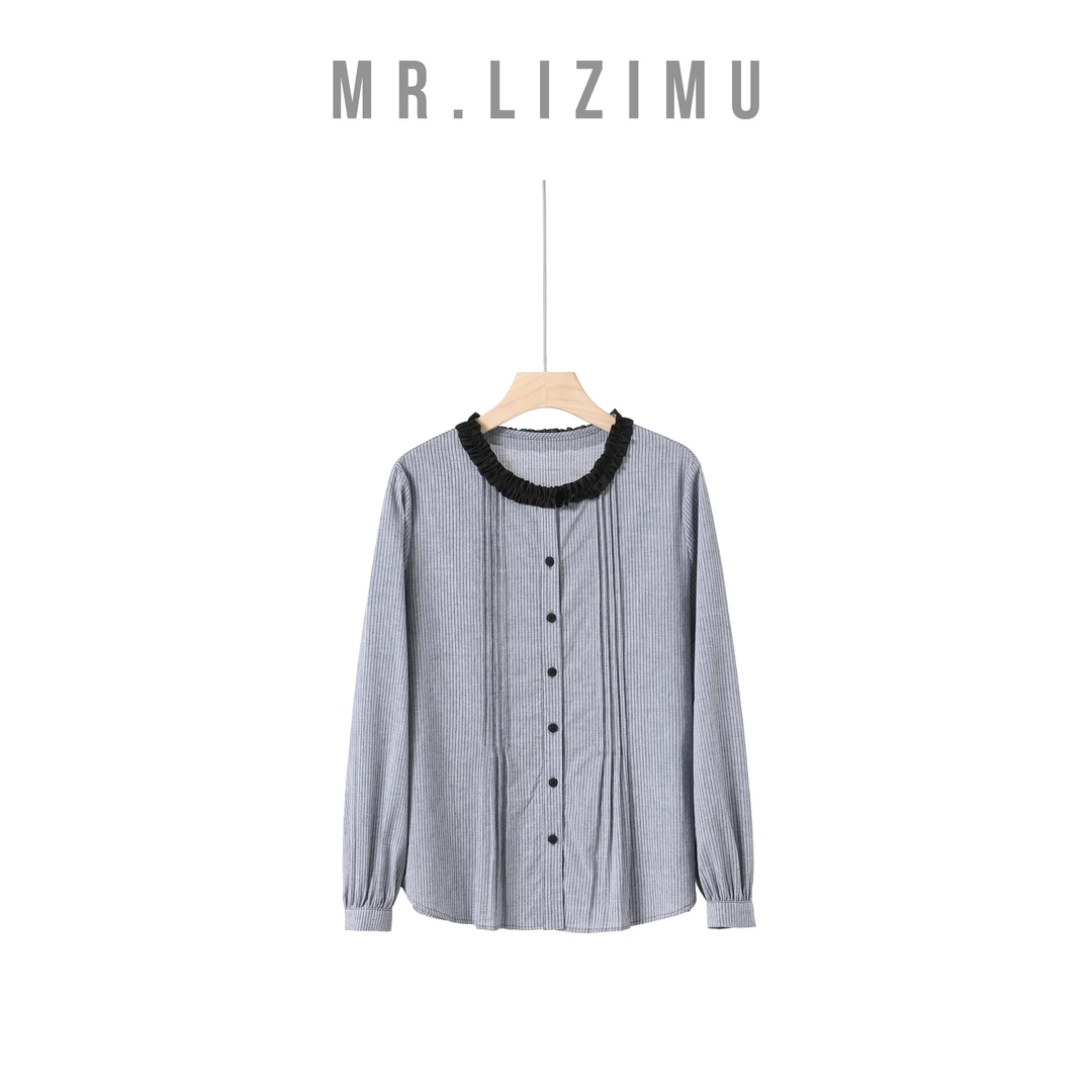 李子木先生圆领秋季花边领条纹女款衬衫宽松显瘦简约时尚2025新款