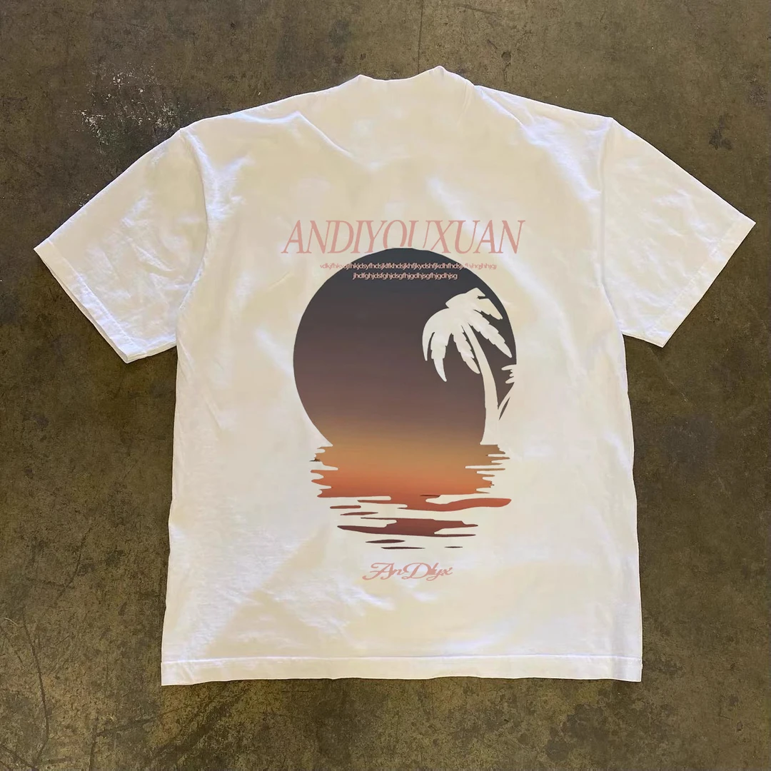 美式街头日落印花短袖t恤男国潮牌宽松休闲百搭重磅230g纯棉上衣