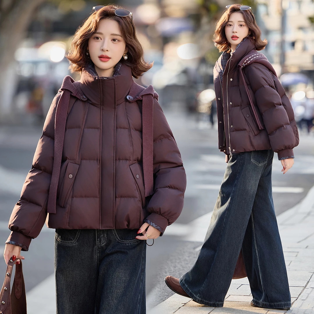 针织连帽格纹拼接羽绒服女2025冬季新款小个子加厚保暖白鸭绒外套