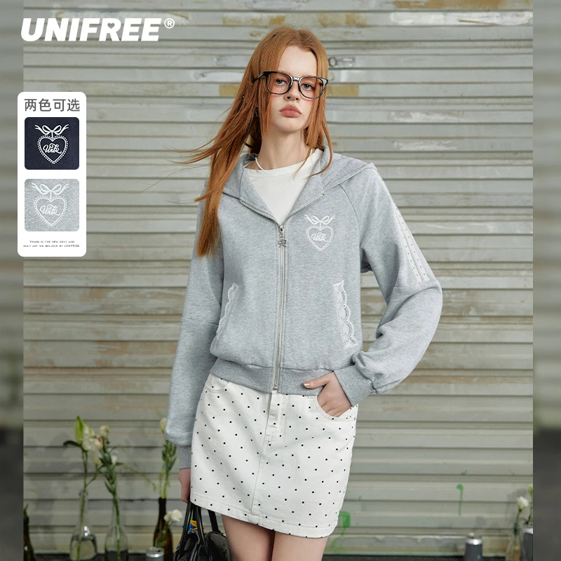unifree秋款美式复古重工刺绣花边装饰休闲短款连帽卫衣外套