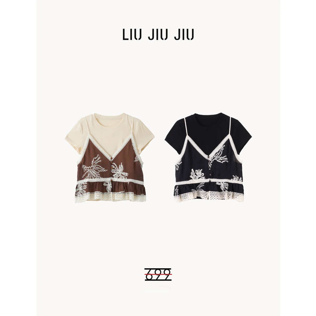 LIUJIUJIU 欧货夏季新款圆领蕾丝拼接假两件设计减龄T恤TX4061L