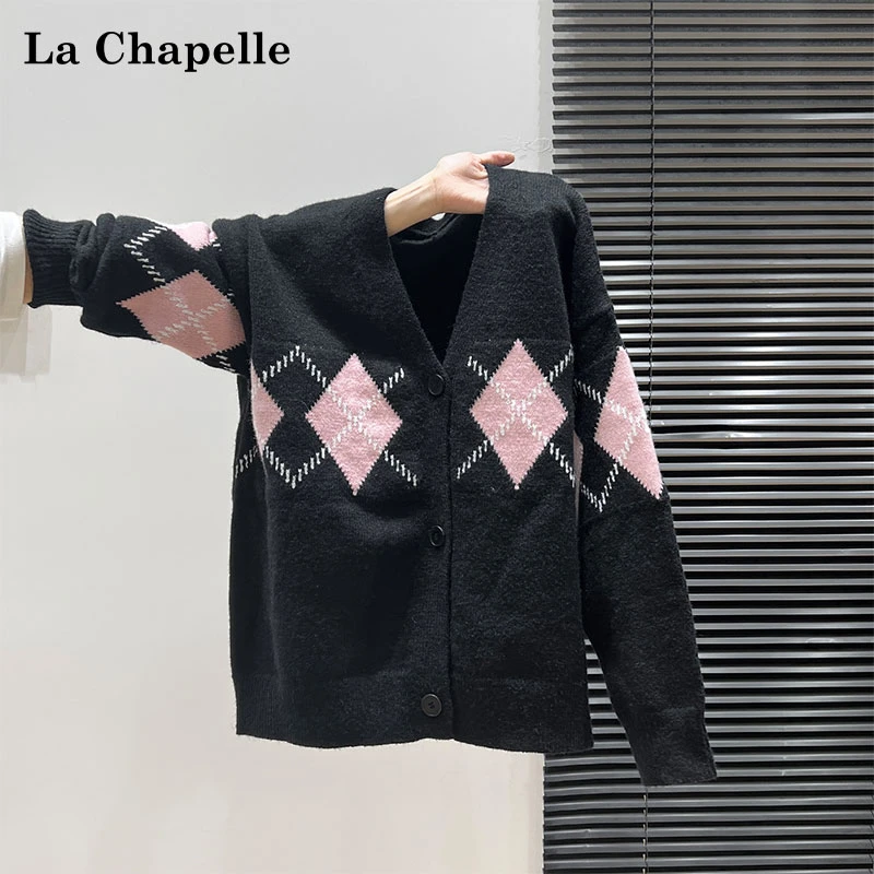 拉夏贝尔V领菱格长袖慵懒风毛衣女2025秋冬季新款小众设计感外套
