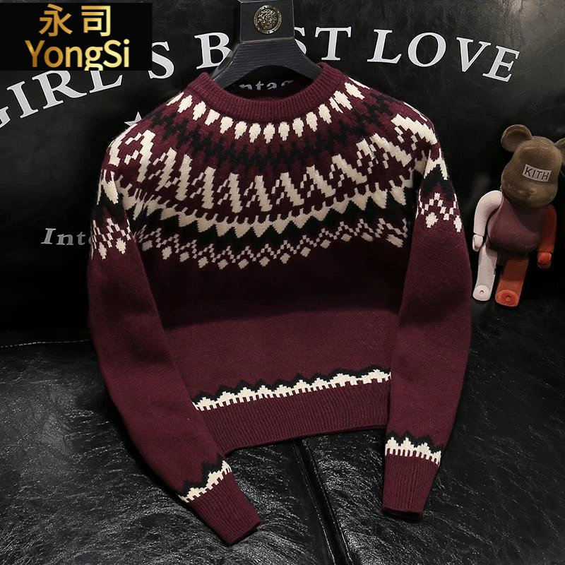 毛衣男2025秋冬新款潮牌上衣时尚圆领套头针织衫日系复古提花外套