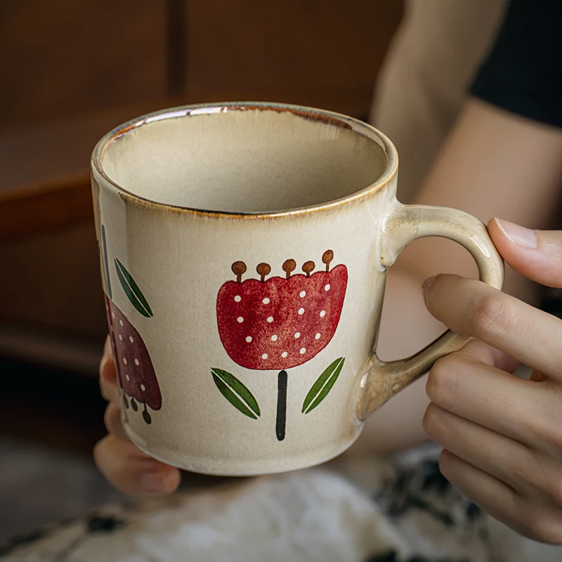 小悠家 一眼心动花朵复古咖啡杯陶瓷马克杯办公室漂亮喝水杯子