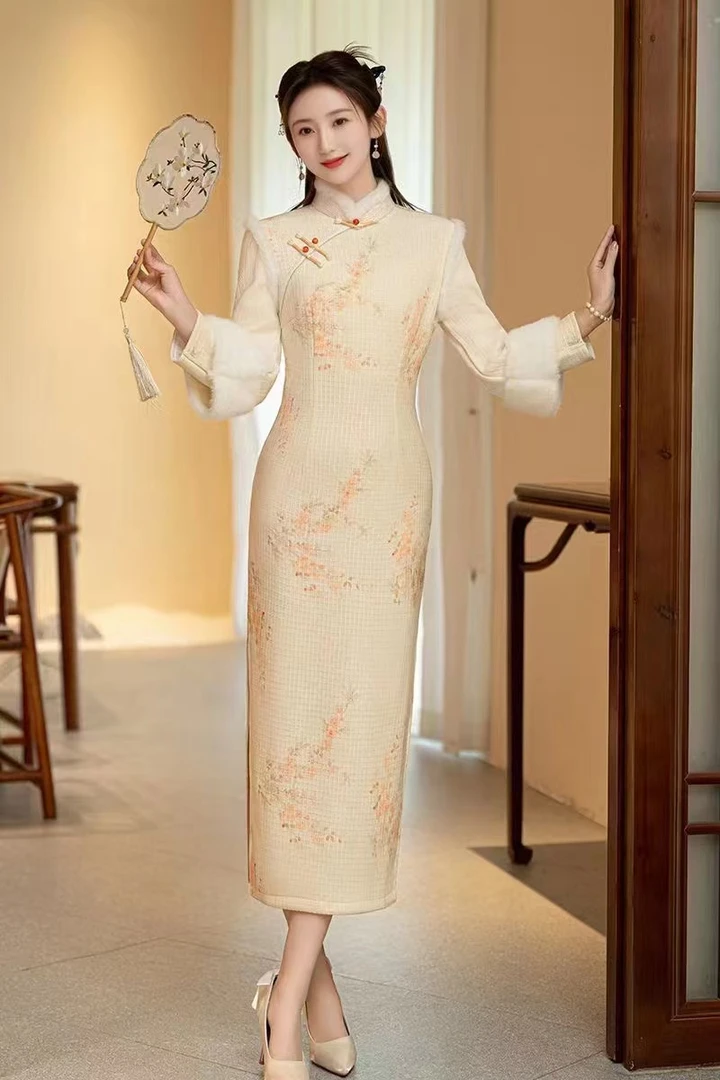 425-米色 缠结扣 拼接  双袖 日常 旗袍