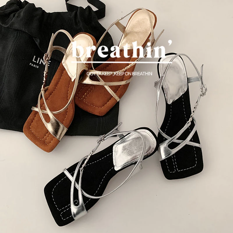 法式百搭方头露趾交叉带粗跟女夏季时尚外穿凉鞋