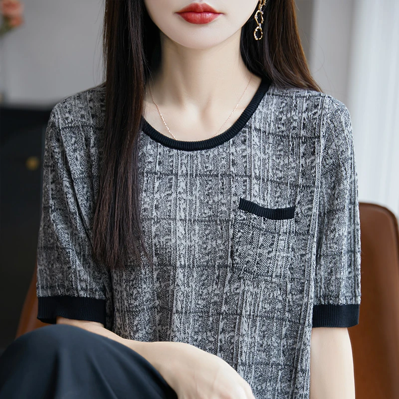 品牌女圆领毛针织衫黑色镂空宽松时尚休闲显瘦针织衫上衣