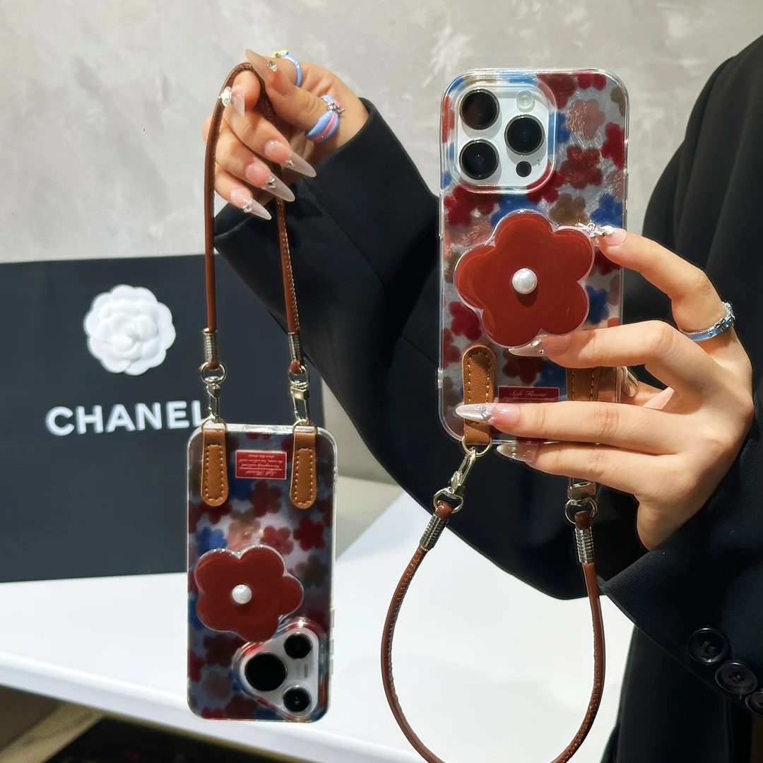 奥菲顿复古多色花支架挂绳适用苹果16冰川手机壳华为vivo小米oppo