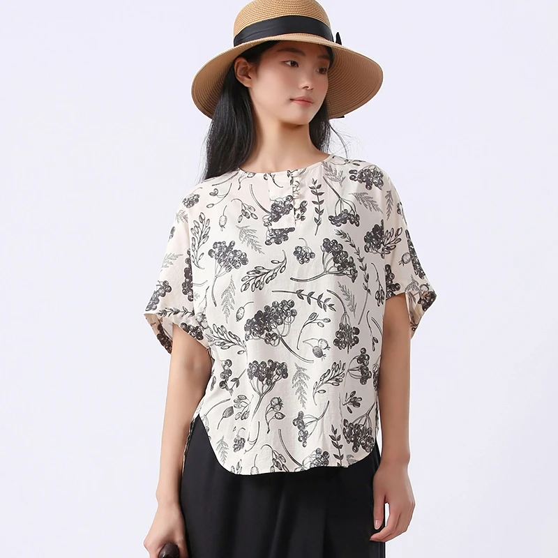 布景女夏季新品前短后长植物印花圆领套头短袖小衫BW52CM0653