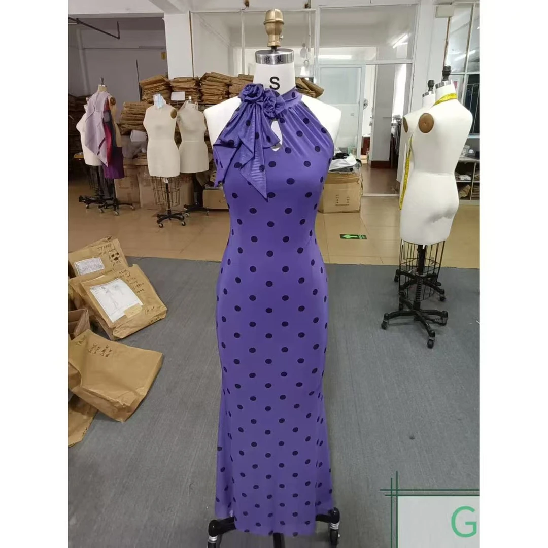 原创自制【暮山紫】紫色波点复古法式优雅小众收腰夏季连衣裙鱼尾裙