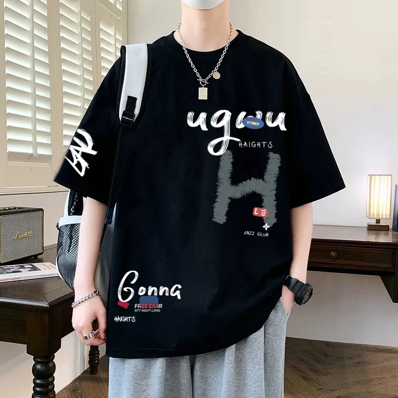 青少年短袖t恤男生纯棉重磅2025新款美式潮牌ins宽松半袖学生上衣