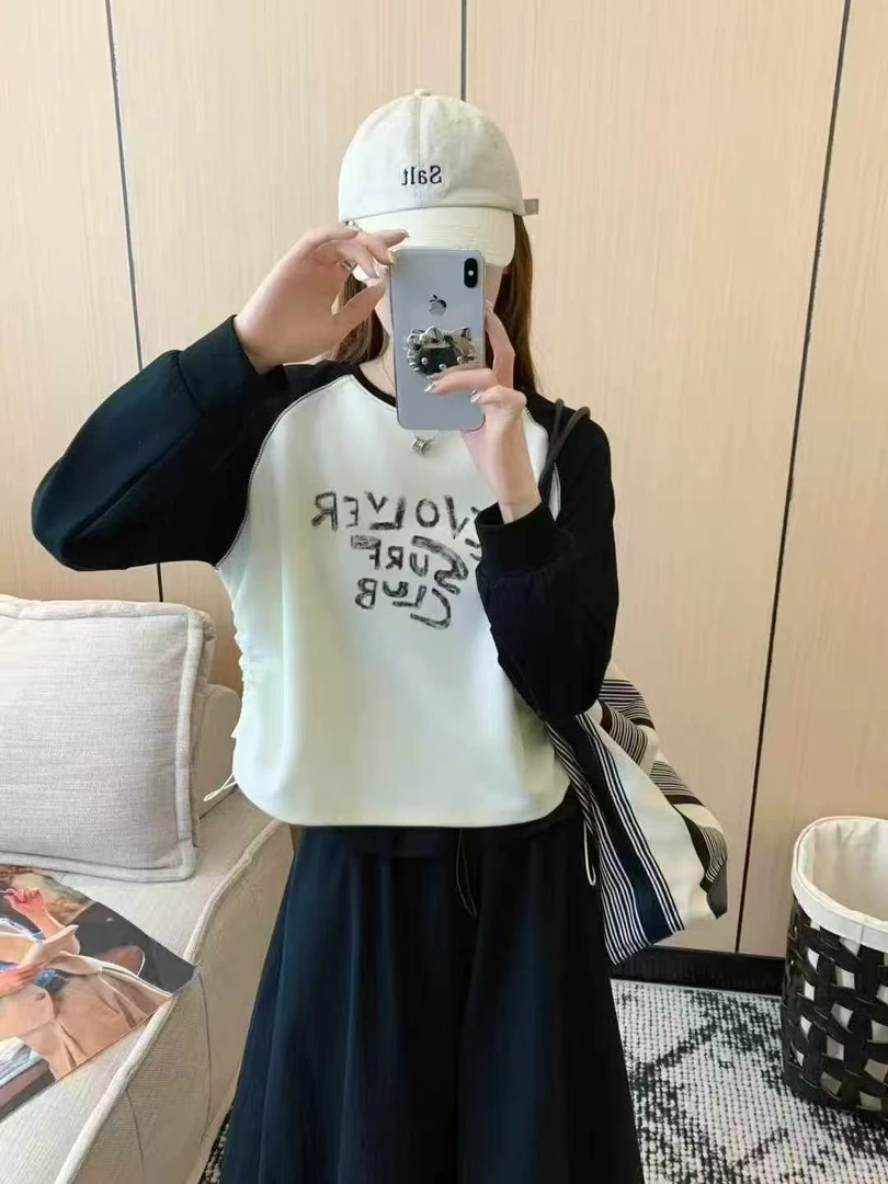 【静姐家】9363韩版拼接设计女休闲百搭宽松女长袖T恤
