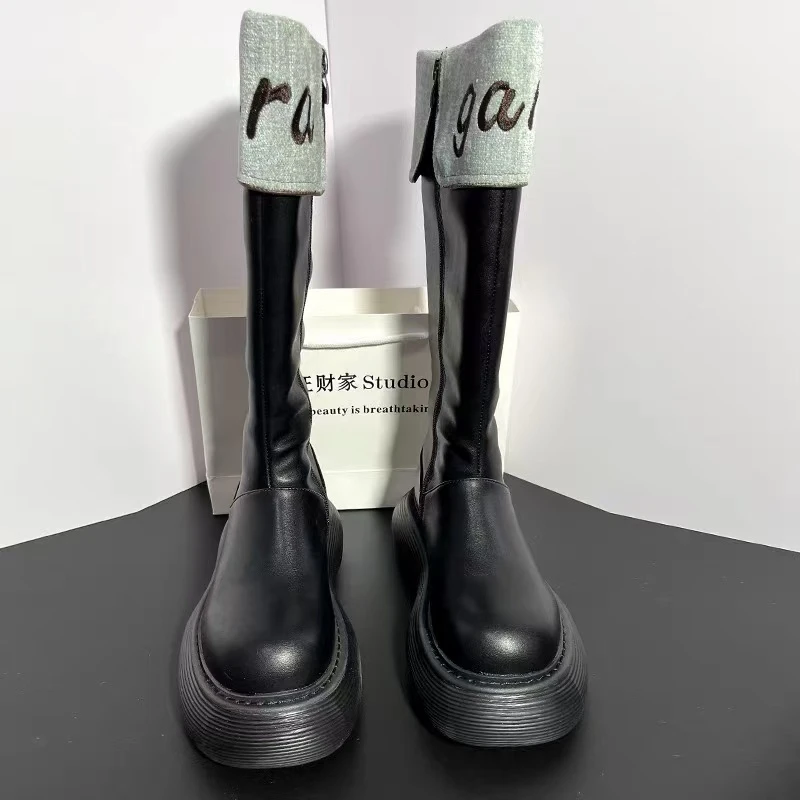 厚底增高长筒靴女2025春季款侧拉链不过膝高筒骑士靴 1360