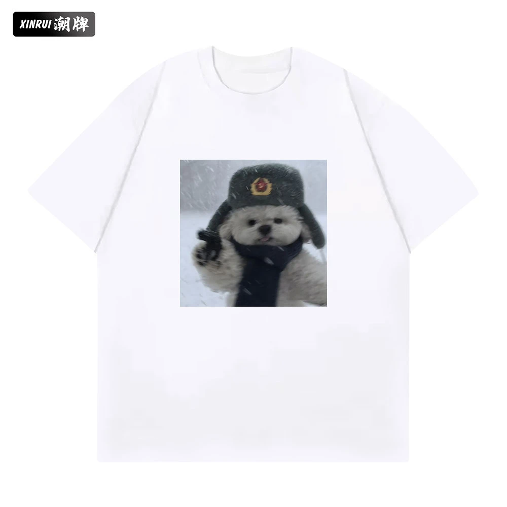 夏季新款创意艺术小狗印花男女款圆领宽松纯棉重磅百搭短袖T恤
