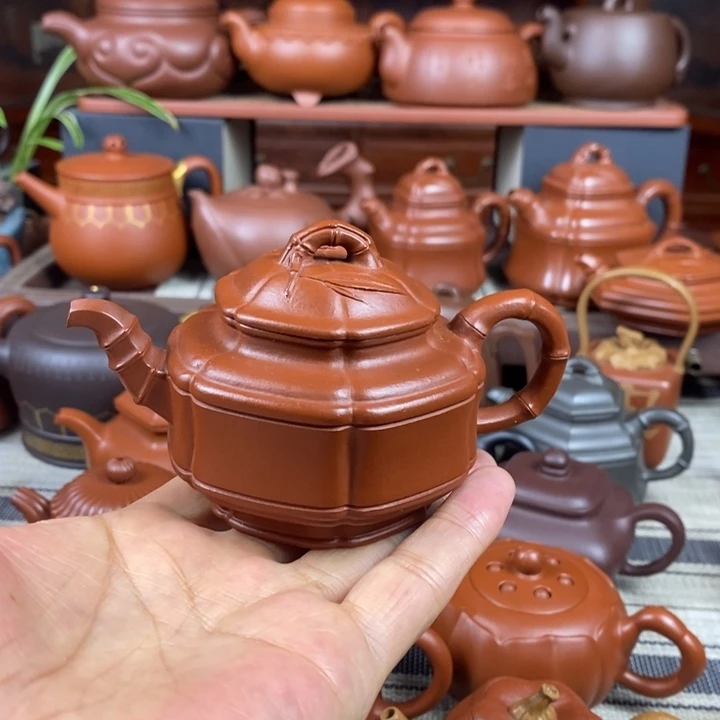 茶壶紫砂六方竹鼓150cc原矿赵庄朱泥特价