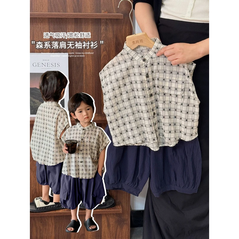 《夏上新》森系撞色格纹男女童复古领落肩无袖韩版儿童上衣25XL1065