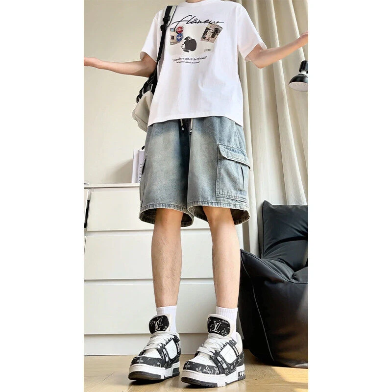 大口袋工装牛仔短裤男夏季宽松休闲中裤美式复古阔腿五分裤子