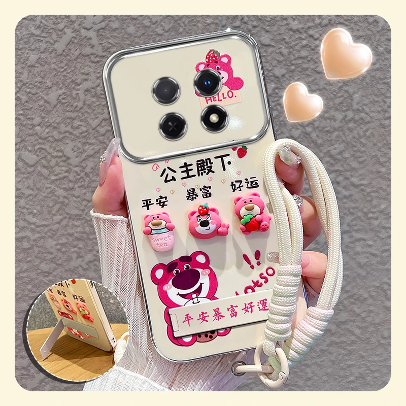 适用【荣耀x60pro】手机壳粉色草莓熊大视窗折叠支架硅胶防摔女可爱
