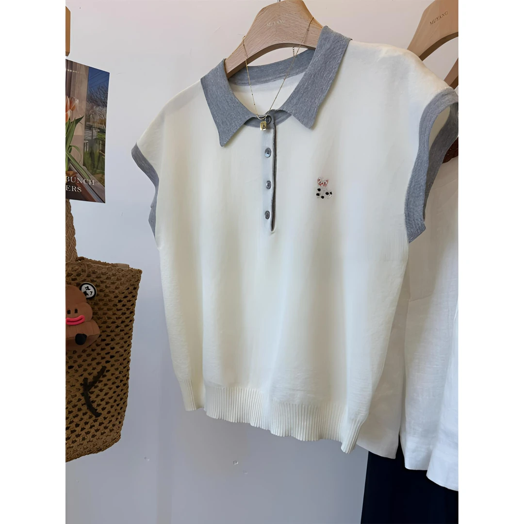 真心舒服！巨推荐！小猫刺绣针织衫翻领套头短袖上衣女2025夏季薄款