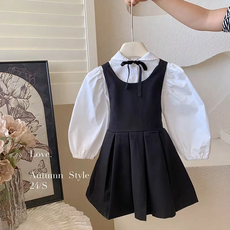 当季新品儿童秋款套装2025韩系新款女童学院风翻领蝴蝶结衬衫背心