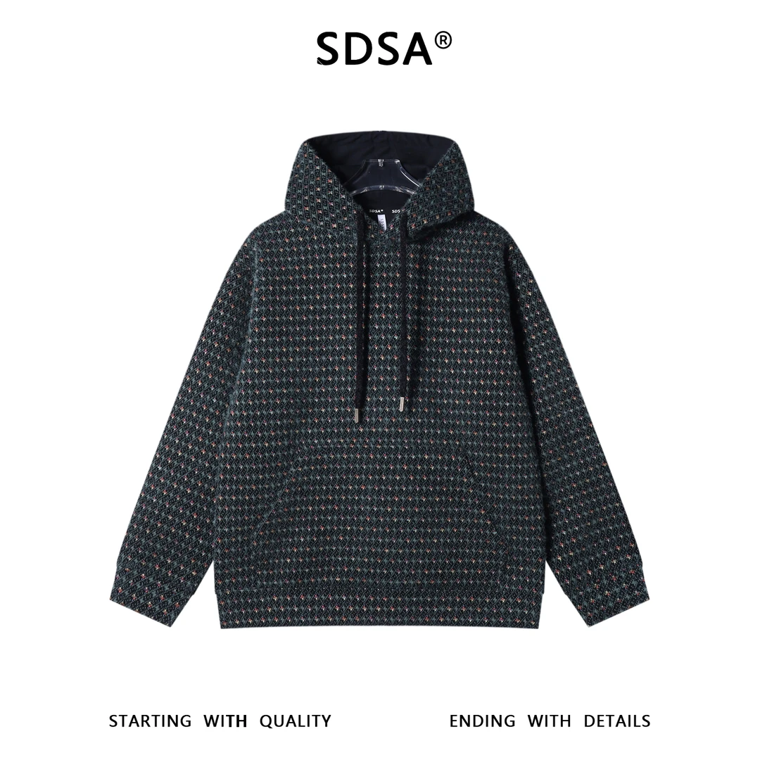 SDSA男士秋冬新款痞帅男装韩版简约绒毛撞色格子连帽卫衣休闲百搭