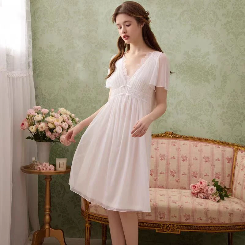 带胸垫性感女拼接法式夏季短袖透气睡裙长款家居服裙子气质甜美