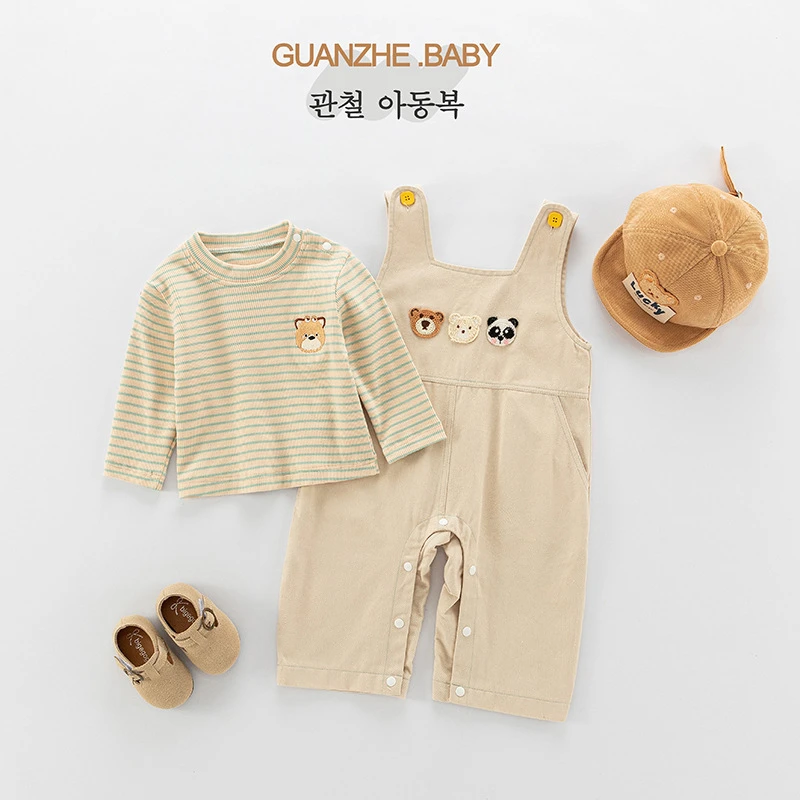 婴儿连体衣宝宝衣服背带裤纯棉a类套装可爱条纹上衣春装爬爬服